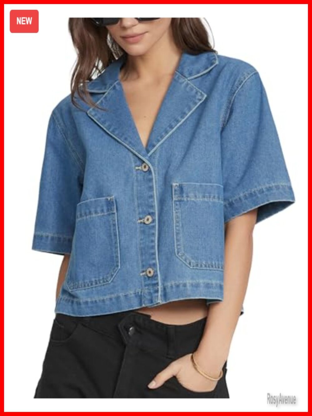 Women's Short Sleeve Denim Jacket Cropped Boxy Button Front Jean Shirt with